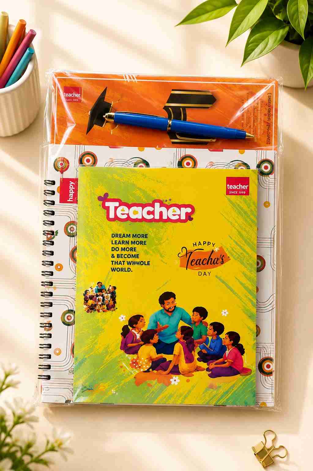 Teachers Day gift combo pack with notebook, greeting card and pen