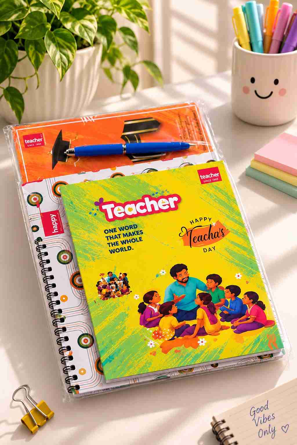 Teachers Day gift combo pack with notebook, greeting card and pen